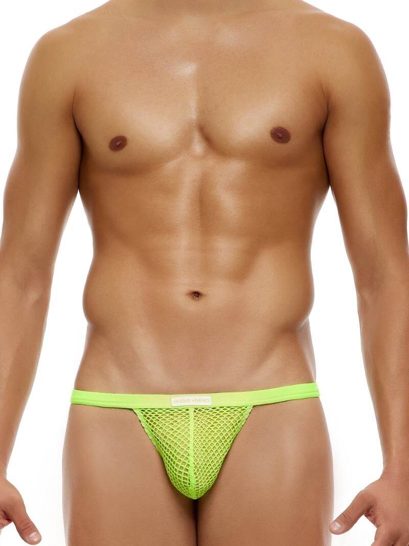 A model wearing a light blue fishnet thong with a branded waistband.