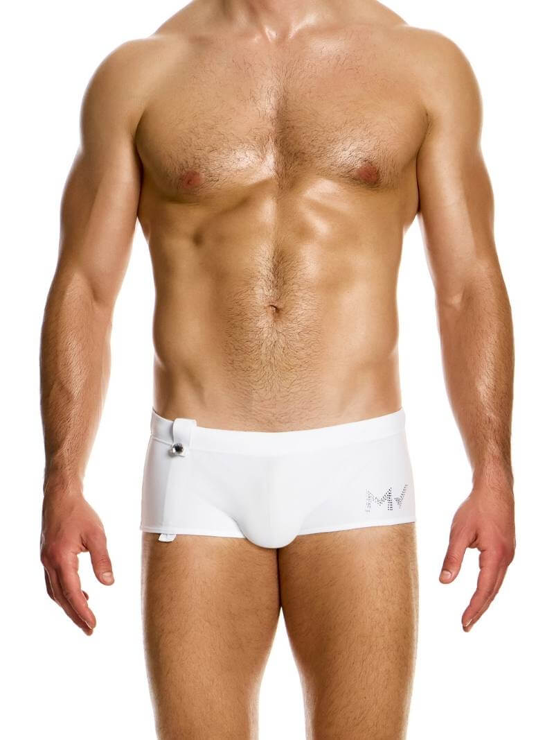 This image displays the MODUS VIVENDI Diamonds Brazil Cut Swim Trunk, featuring a sleek and stylish design. The swim trunk is showcased in a classic black color, emphasizing a smooth and solid hue.
