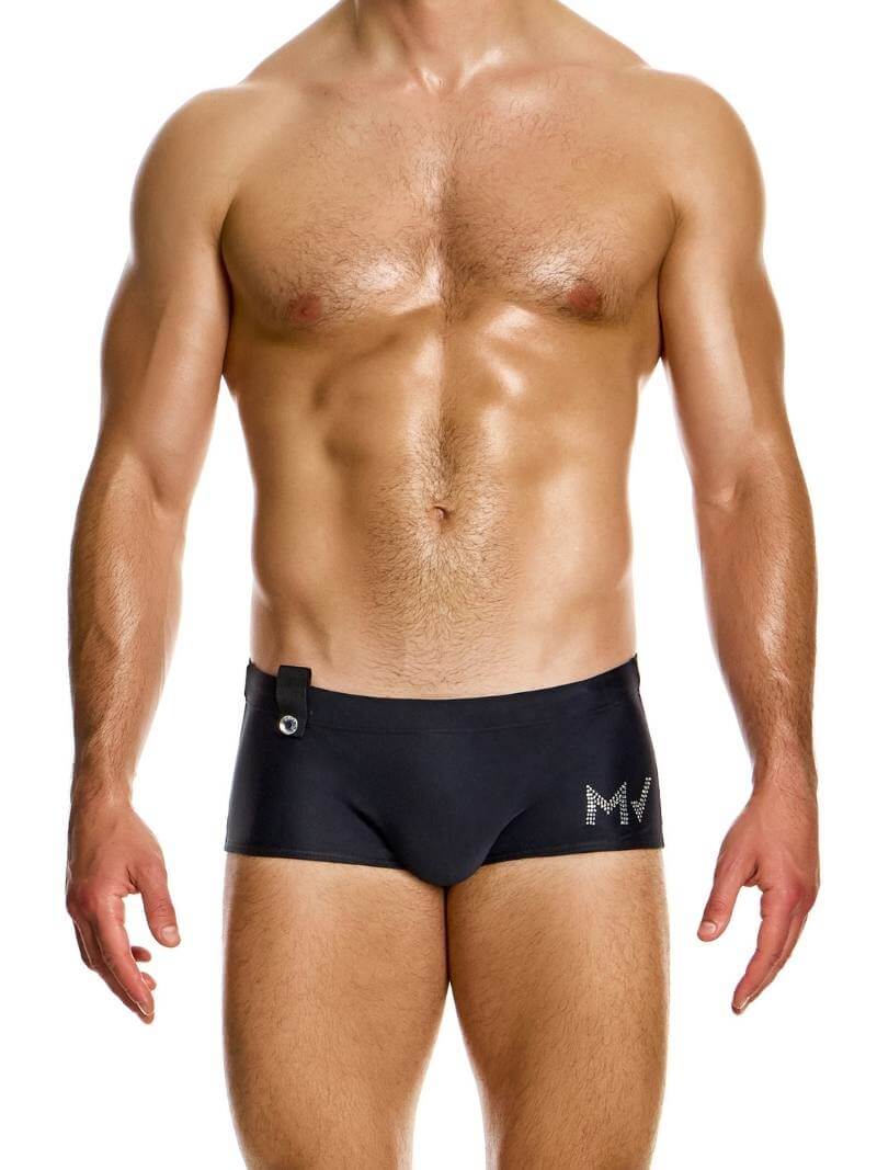 This image displays the MODUS VIVENDI Diamonds Brazil Cut Swim Trunk, featuring a sleek and stylish design. The swim trunk is showcased in a classic black color, emphasizing a smooth and solid hue.
