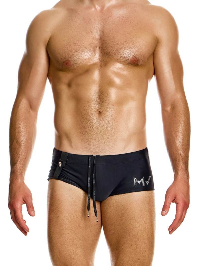 This image displays the MODUS VIVENDI Diamonds Brazil Cut Swim Trunk, featuring a sleek and stylish design. The swim trunk is showcased in a classic black color, emphasizing a smooth and solid hue.