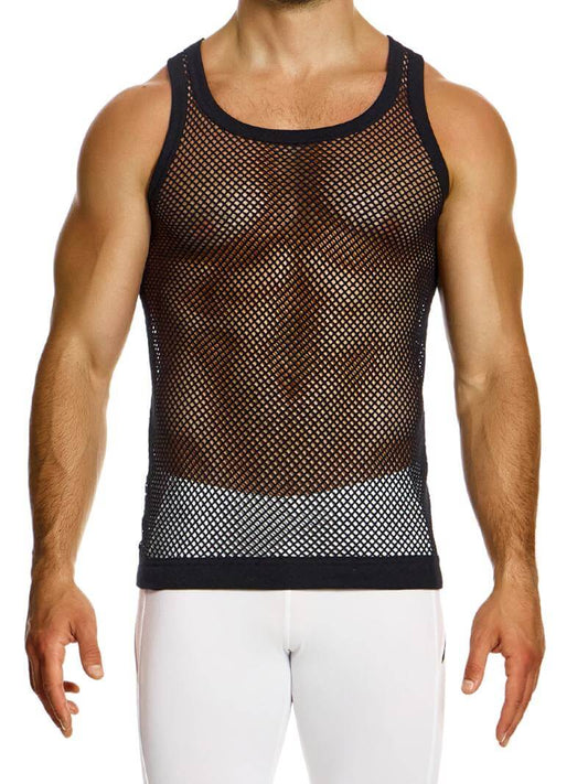 A male model wearing a black see-through mesh vest with a muscle fit and elastic trims, paired with white pants.
