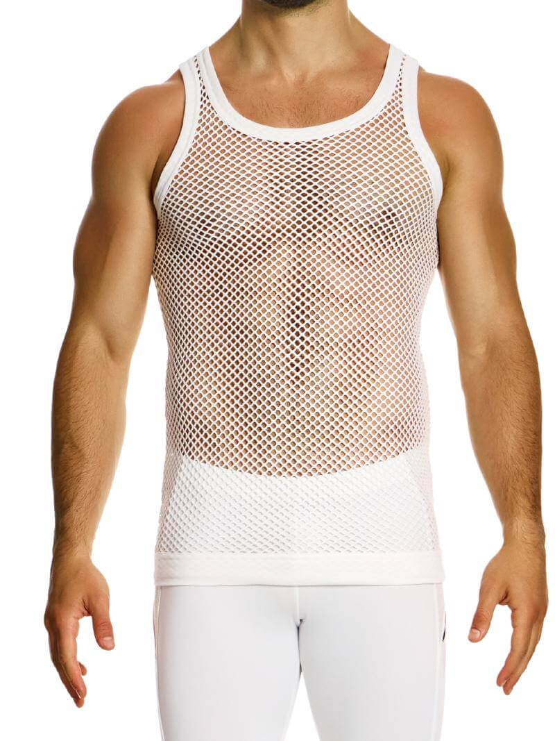 A male model wearing a black see-through mesh vest with a muscle fit and elastic trims, paired with white pants.