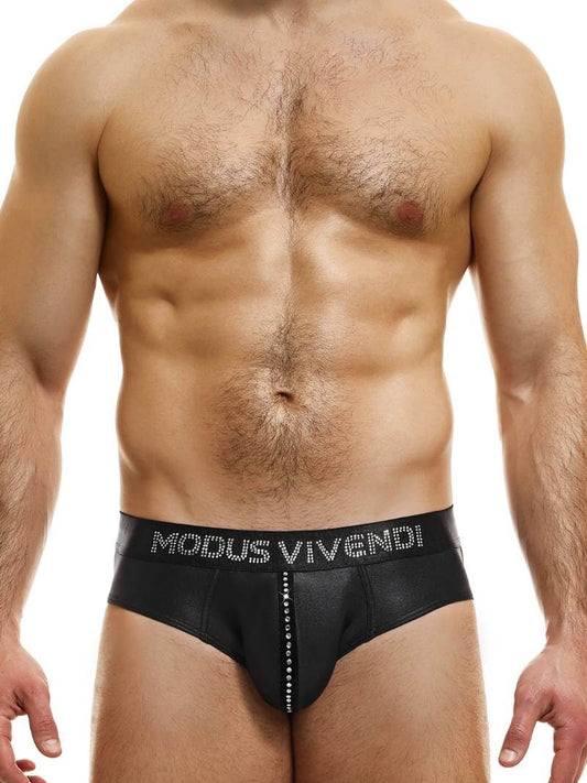 A model wearing black shiny briefs with a velvet and crystal pouch stripe, and crystal stone branding on the waistband.