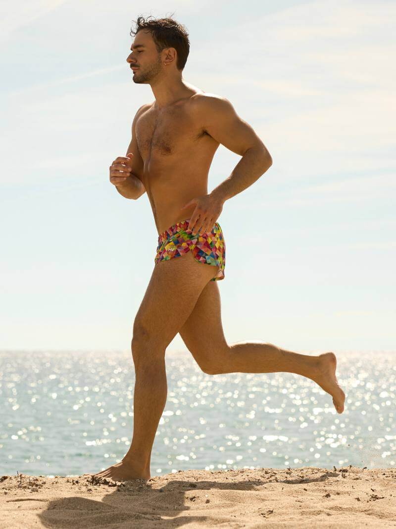 Mens MODUS VIVENDI Geometric Rainbow Jogging Cut Swimwear Shorts
