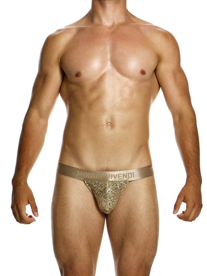 Mens MODUS VIVENDI Harem Thong in Gold Sequins
