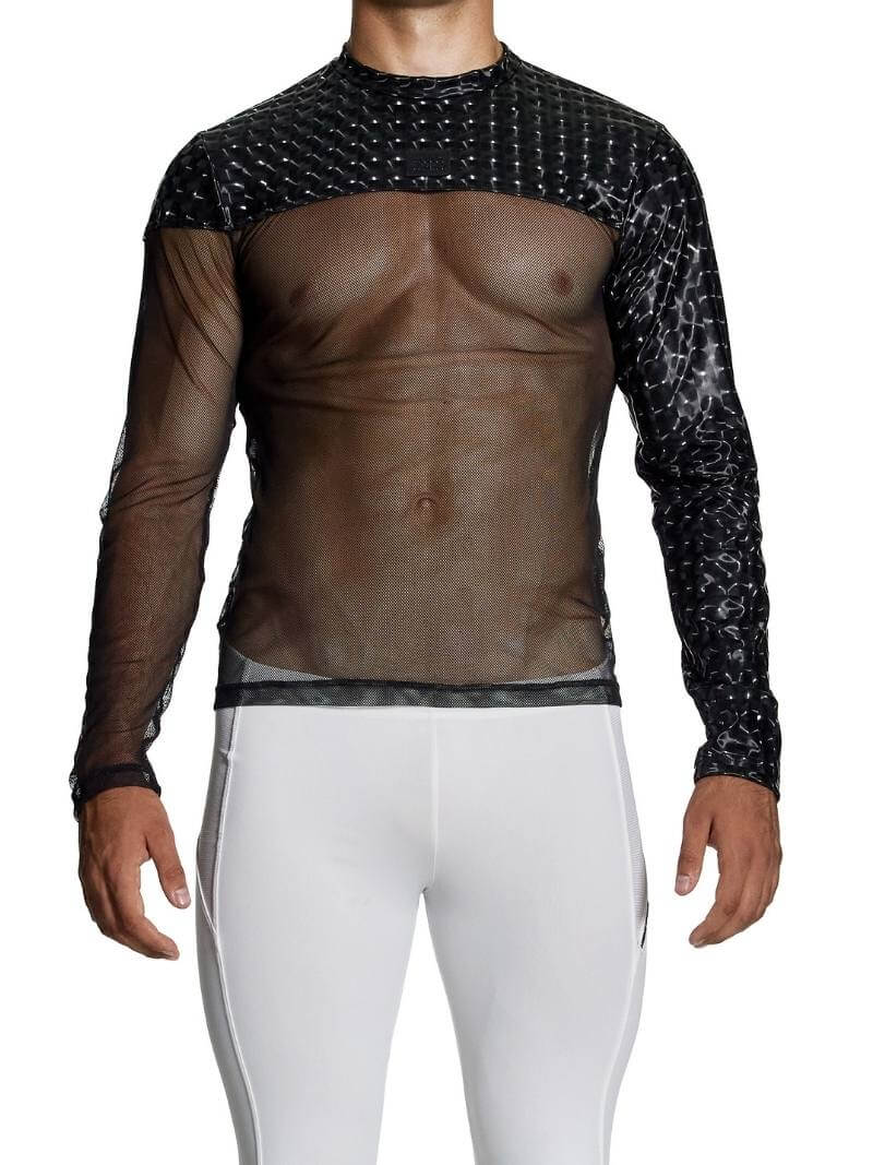 A long-sleeve men's top featuring a black mesh material with transparent panels on the chest, back, and arm. The top has a round neck and 3D holographic geometric printed panels, primarily in a dark color.