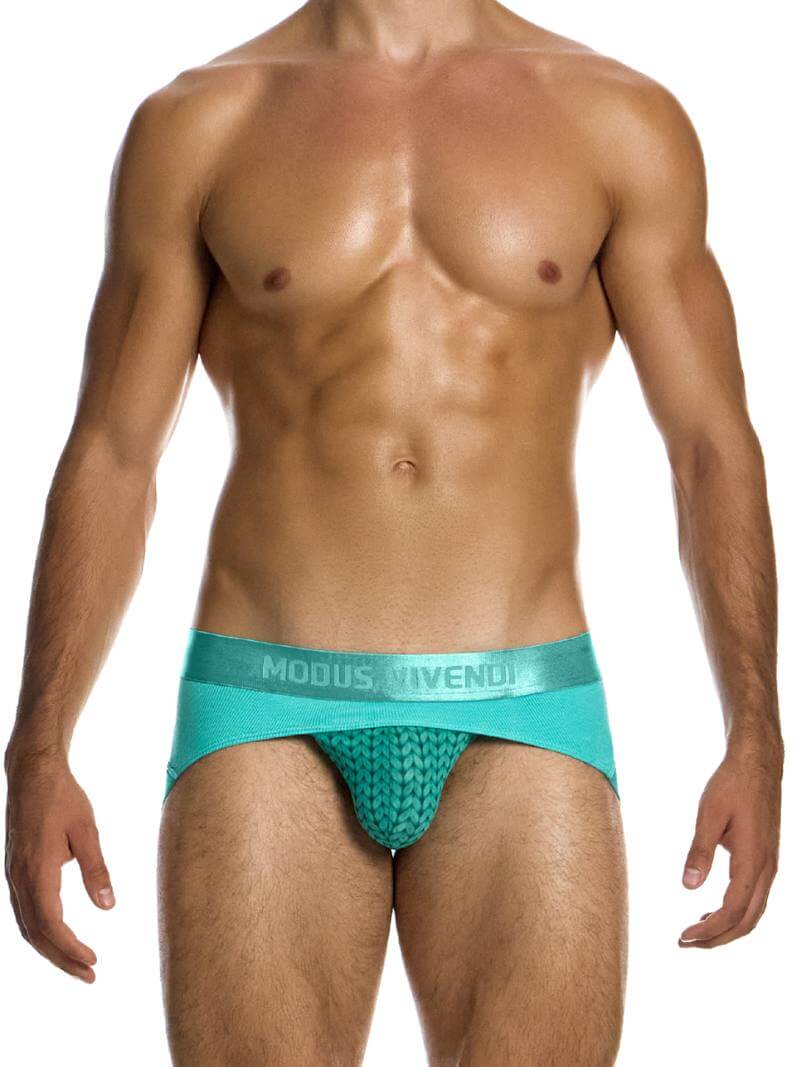 A model wearing a Modus Vivendi Illusion Sheer Jockstrap with a silicone logo at the back, in a color contrast print.