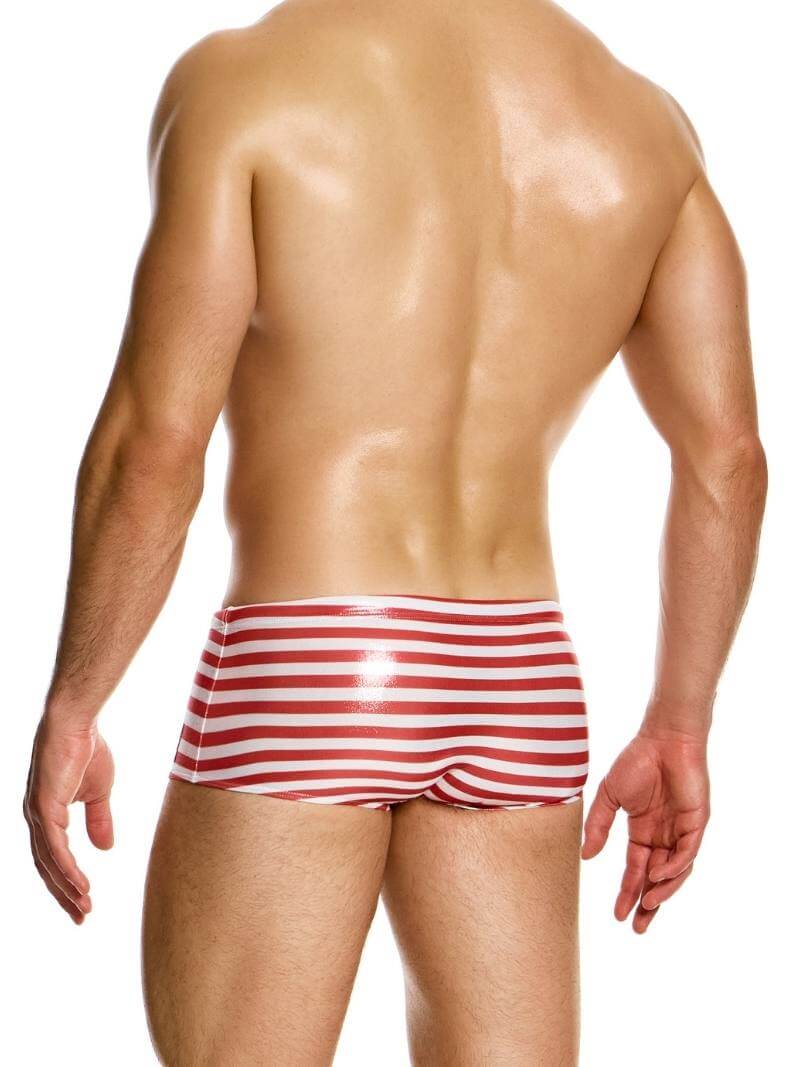 Mens MODUS VIVENDI Laminated Striped Brazil Cut Swim Trunk