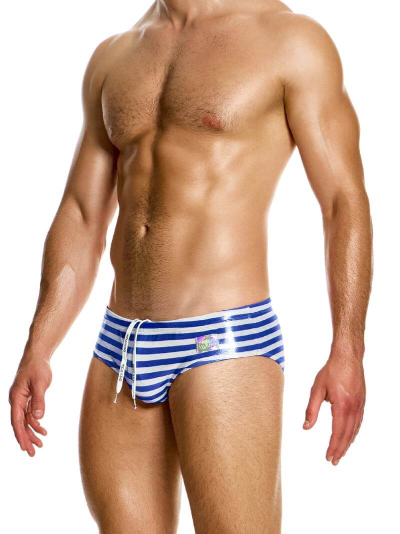 Mens MODUS VIVENDI Laminated Striped Swim Briefs