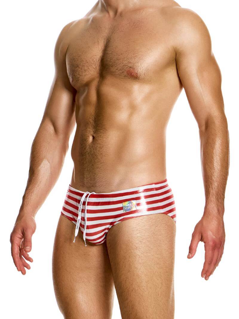 Mens MODUS VIVENDI Laminated Striped Swim Briefs