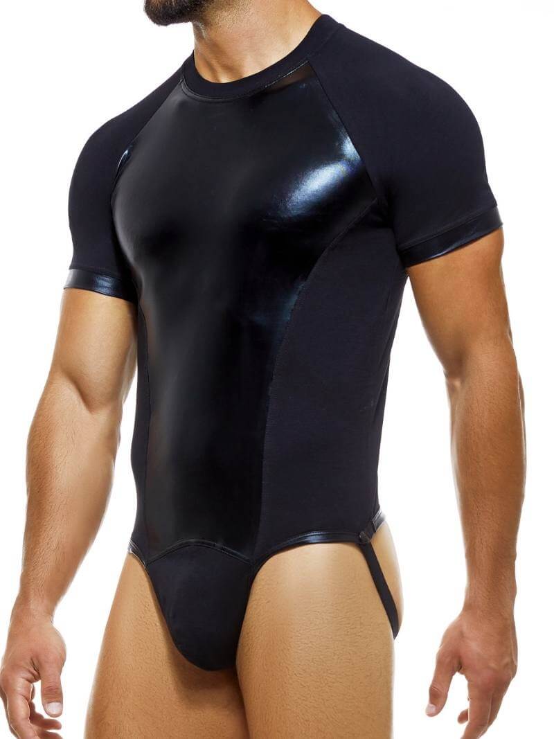 Mens MODUS VIVENDI Latex Look Shiny Bodysuit with Thong Rear