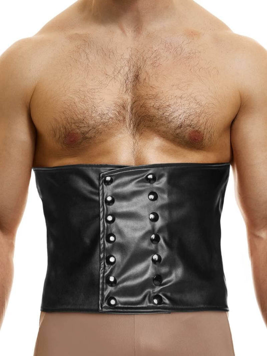 A person wearing a black leather-look corset with metallic Modus Vivendi logo and double row snap button-up front.