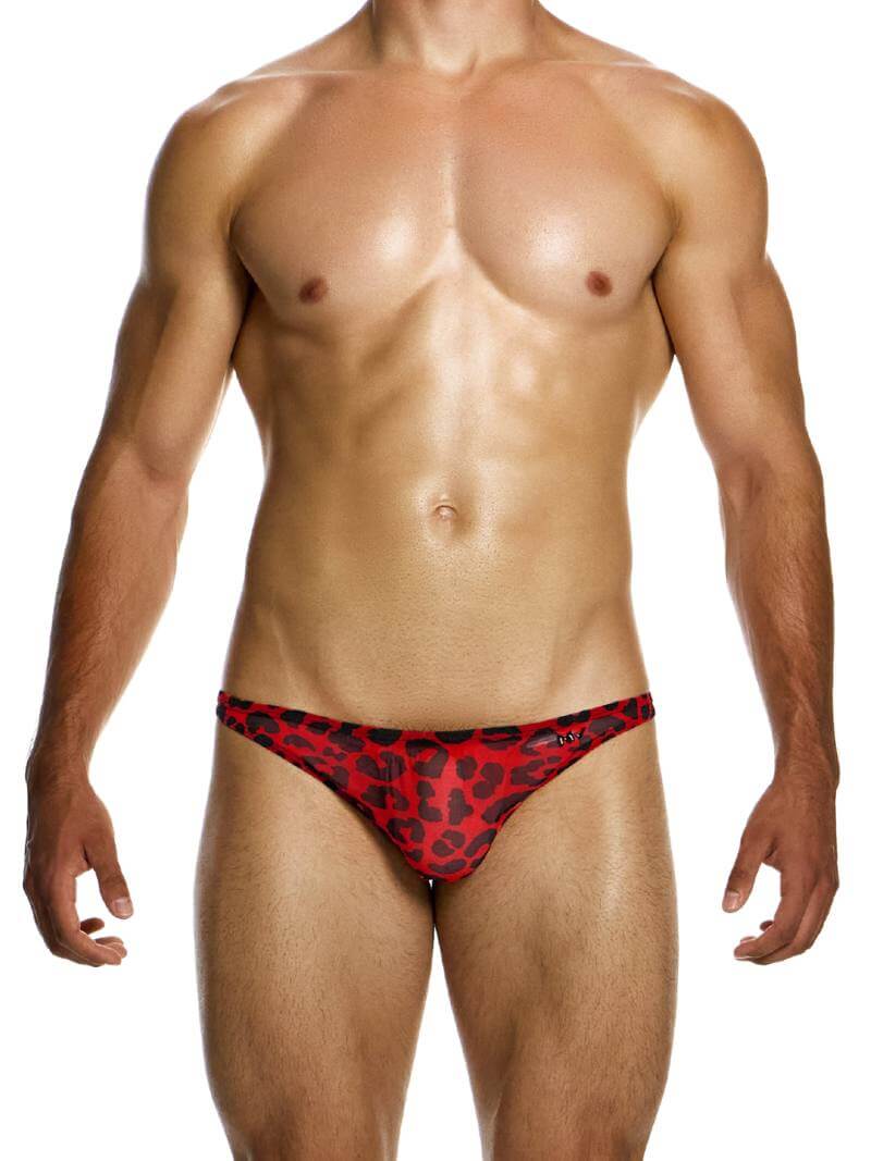 This image displays the MODUS VIVENDI Leopard Low Cut Brief, designed with a striking sheer mesh leopard print fabric and accented with the brand's shiny MV logo. The brief features a super low rise waist and high cut legs, creating a bold and modern silhouette.