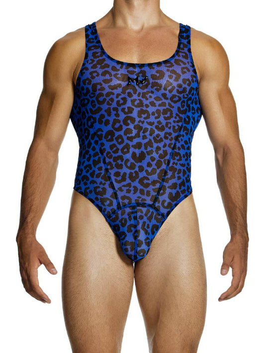 A male model wearing a blue leopard print sheer mesh bodysuit with a contoured pouch and thong back.