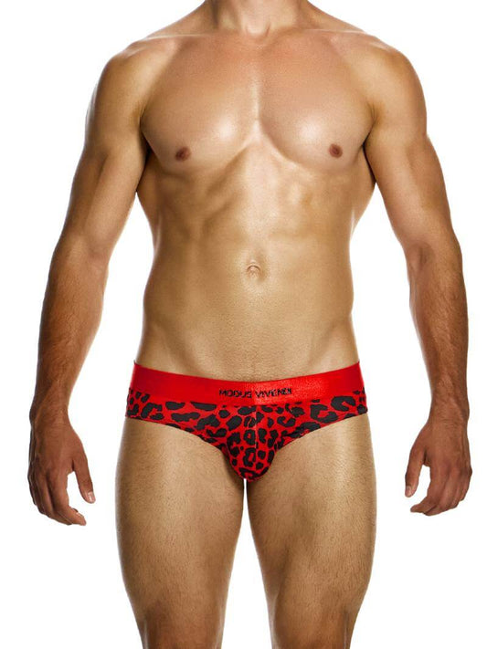 A male model wearing a blue leopard print brief with a shiny waistband featuring the Modus Vivendi branding.