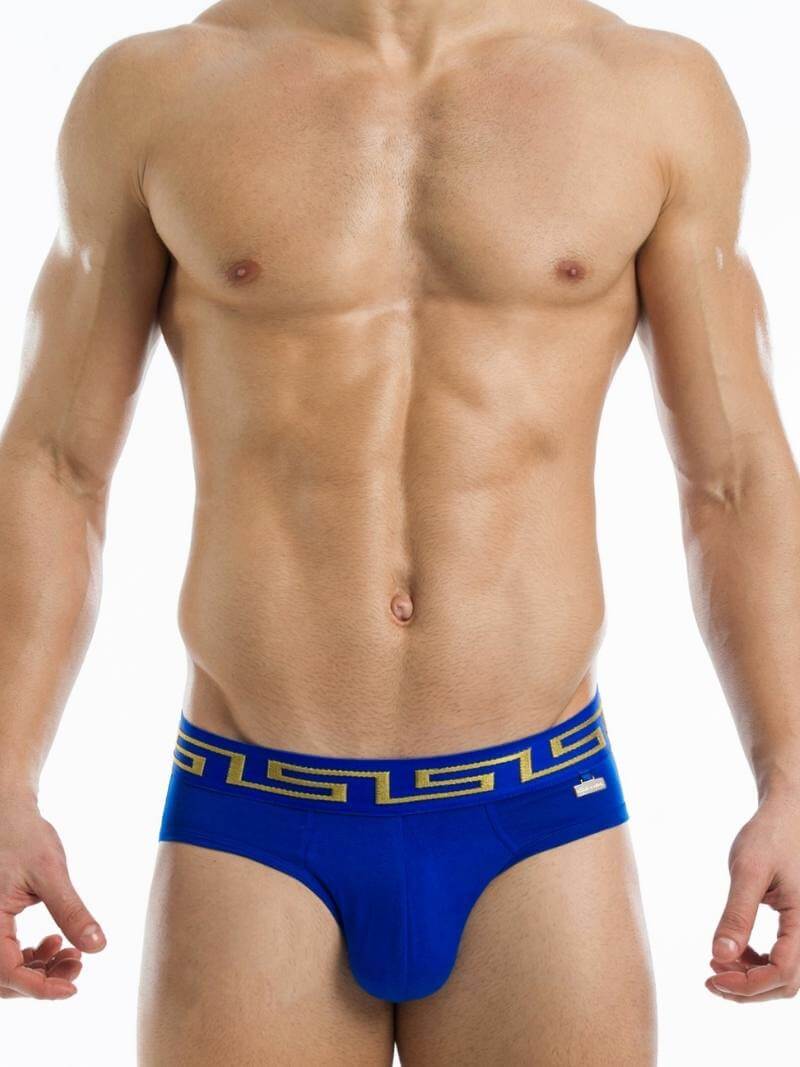 A model wearing a blue brief with a Meander Greek Key print waistband, part of the Modus Vivendi collection.