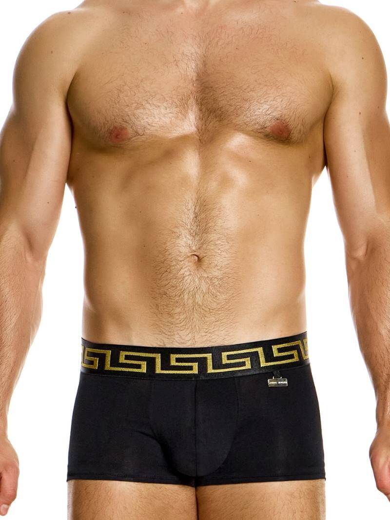 A model wearing a blue boxer brief with a Meander Greek Key print waistband in silver or gold, and a MV gold or silver brand charm logo.