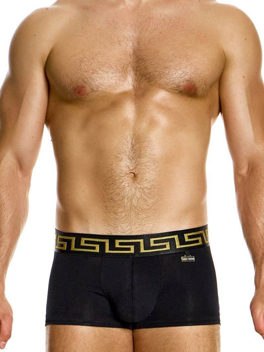 A model wearing a blue boxer brief with a Meander Greek Key print waistband in silver or gold, and a MV gold or silver brand charm logo.