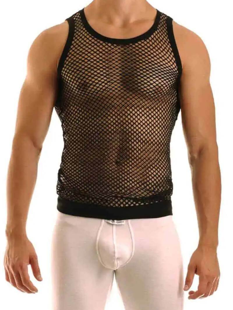 A male model wearing a yellow Modus Vivendi mesh vest with a round neckline and sleeveless design.