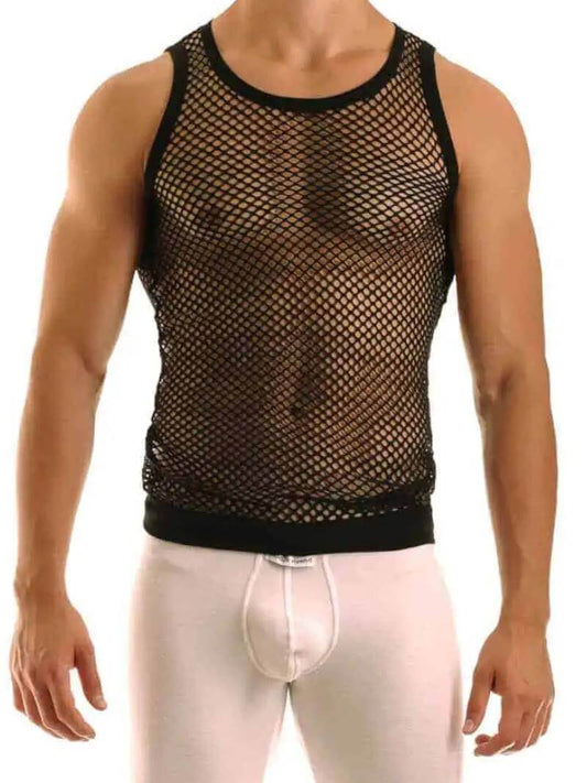 A male model wearing a yellow Modus Vivendi mesh vest with a round neckline and sleeveless design.