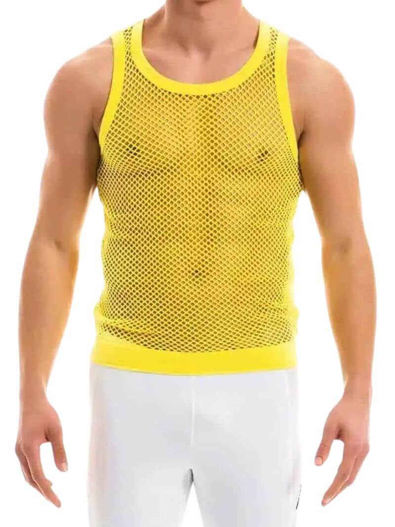 A male model wearing a yellow Modus Vivendi mesh vest with a round neckline and sleeveless design.