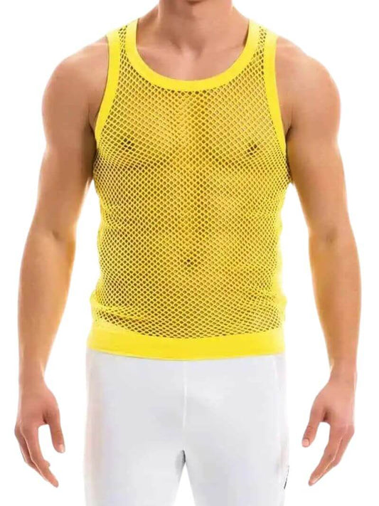 A male model wearing a yellow Modus Vivendi mesh vest with a round neckline and sleeveless design.