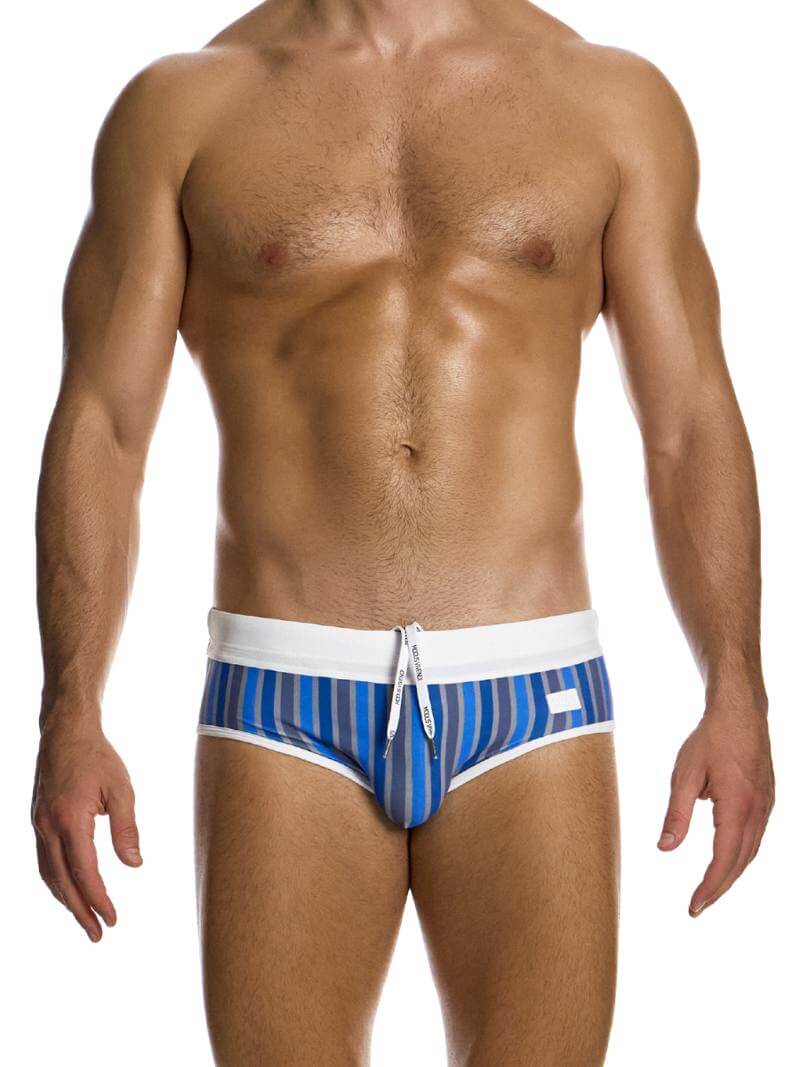 A model wearing a blue and white striped eco swim brief with white trims and a white waistband. The brand's logo is visible on the waistband.