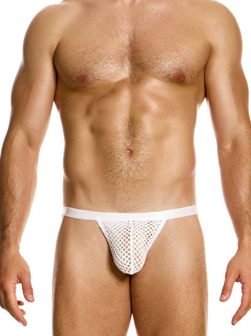 A male model wearing a Modus Vivendi mesh T-string with a low-rise waist and narrow waistband, featuring a metallic branded tag on the back.