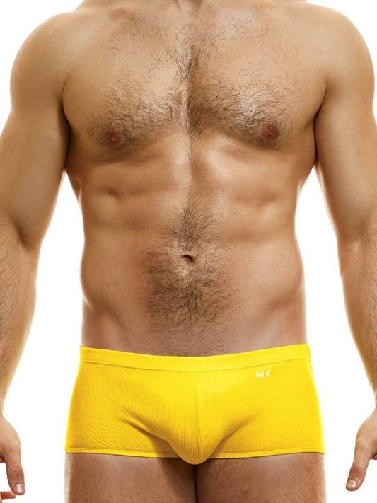 A model wearing blue Brazil-cut boxer underwear with a low-rise waistband and a small MV logo below the waistband.
