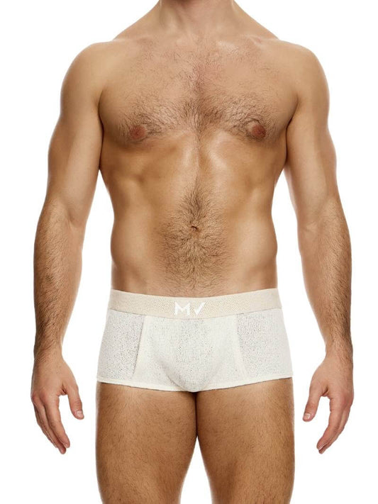 A model wearing a plain knit boxer brief with a wide elastic waistband.