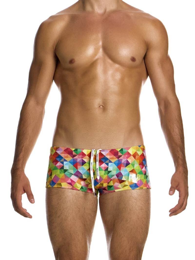 A model wearing multicolored geometric patterned swim trunks with a drawstring waist.