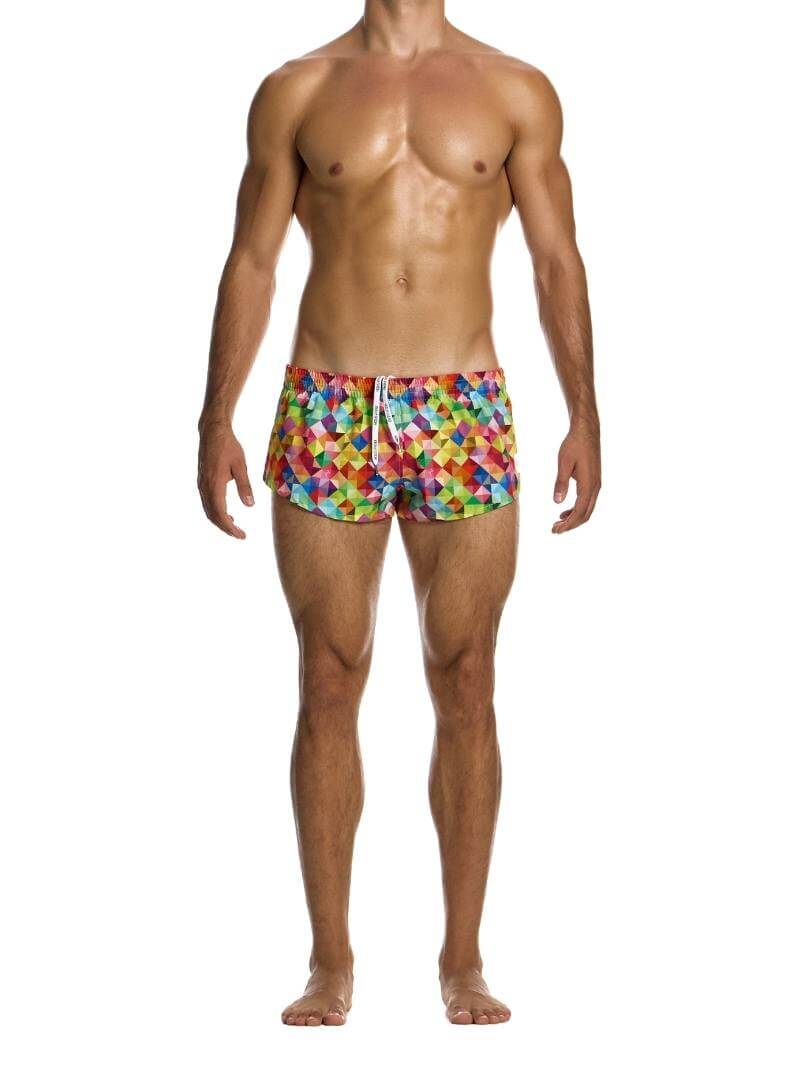 Mens MODUS VIVENDI Geometric Rainbow Jogging Cut Swimwear Shorts