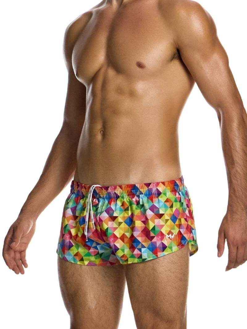 Mens MODUS VIVENDI Geometric Rainbow Jogging Cut Swimwear Shorts