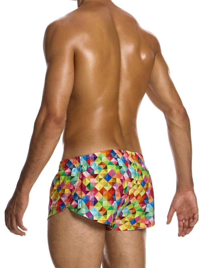 Mens MODUS VIVENDI Geometric Rainbow Jogging Cut Swimwear Shorts