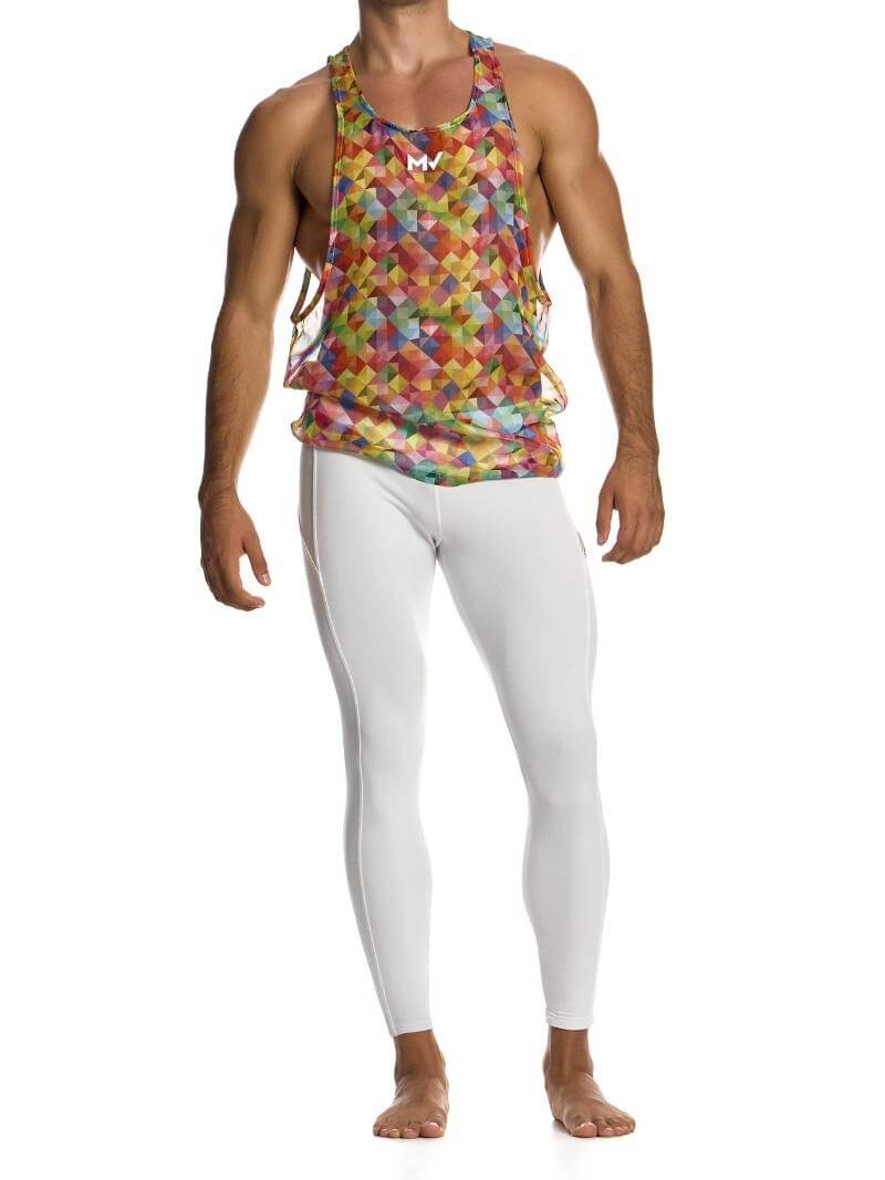 Mens MODUS VIVENDI Geometric Rainbow Vest: Racerback, Lightweight, Long Length
