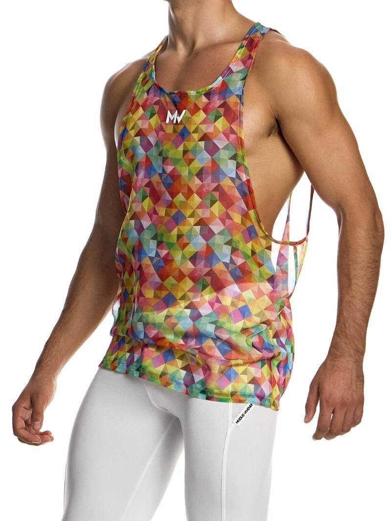 Mens MODUS VIVENDI Geometric Rainbow Vest: Racerback, Lightweight, Long Length