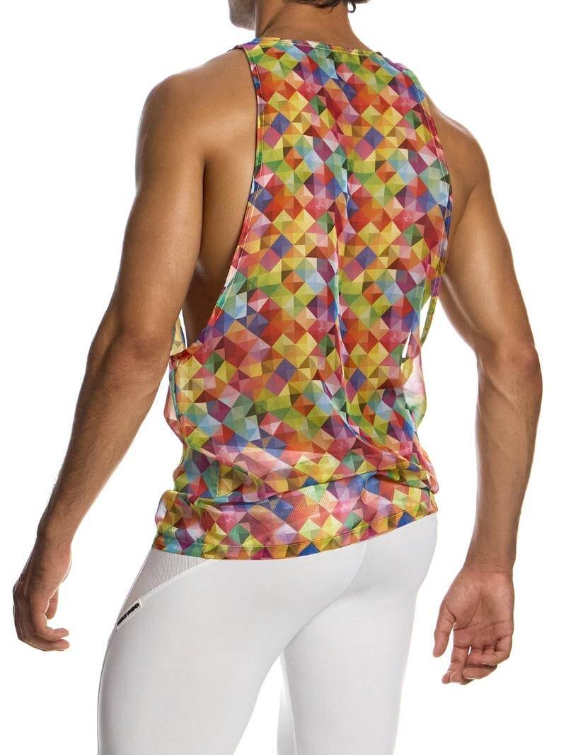 Mens MODUS VIVENDI Geometric Rainbow Vest: Racerback, Lightweight, Long Length