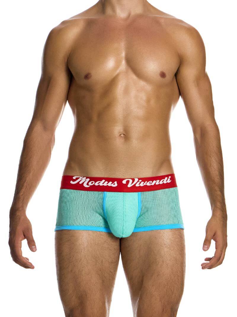 A male model wearing a Modus Vivendi retro boxer trunk with a red waistband and contrasting trims.