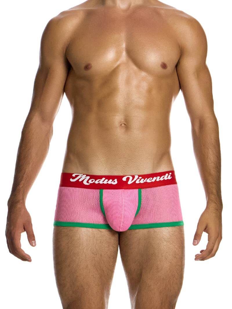 A male model wearing a Modus Vivendi retro boxer trunk with a red waistband and contrasting trims.