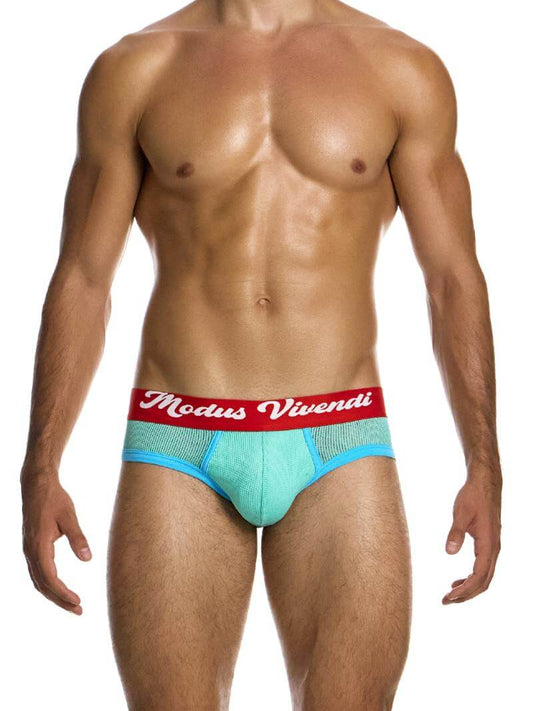 A man wearing a retro classic brief in bold pink with contrasting green trims and a red waistband with the Modus Vivendi logo.