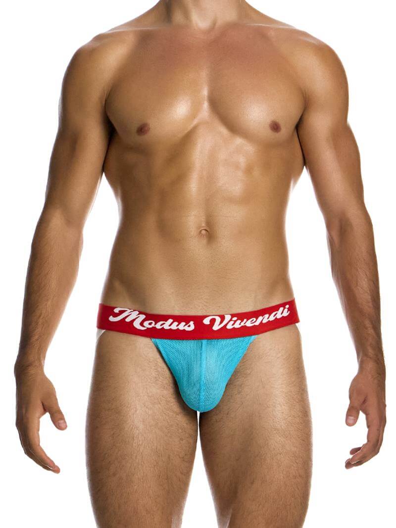 A turquoise jockstrap with a contrasting red Modus Vivendi logo waistband, designed with a contoured pouch and trims for support.