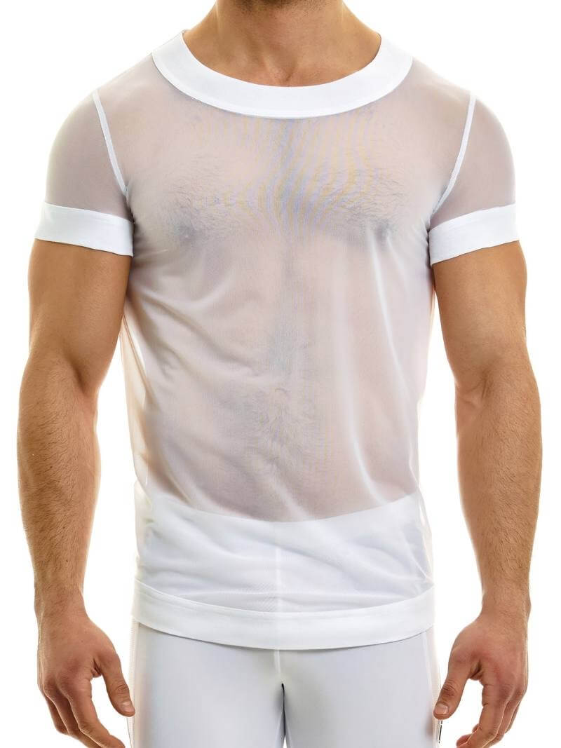 A male model wearing a see-through sheer mesh black t-shirt by MODUS VIVENDI, with the brand's label visible.