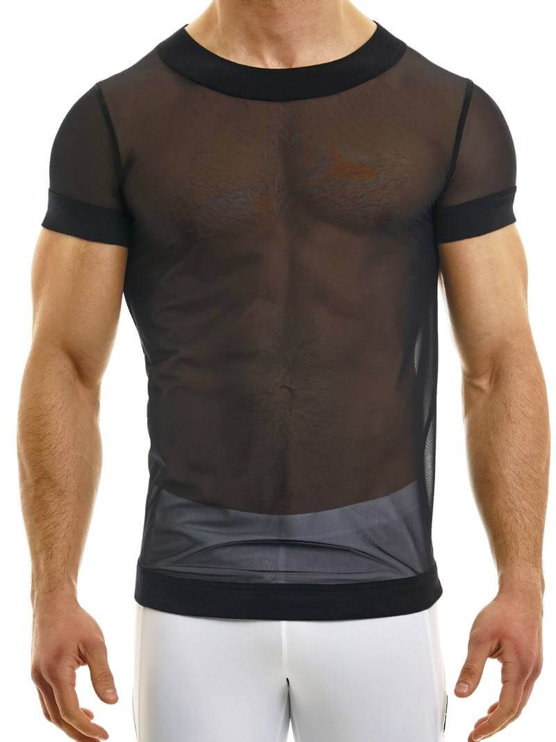 A male model wearing a see-through sheer mesh black t-shirt by MODUS VIVENDI, with the brand's label visible.