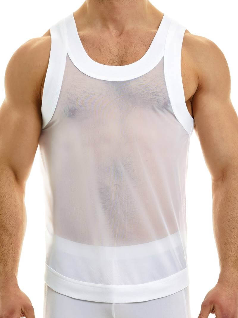A male model wearing a white sheer mesh muscle tank top with black trim.