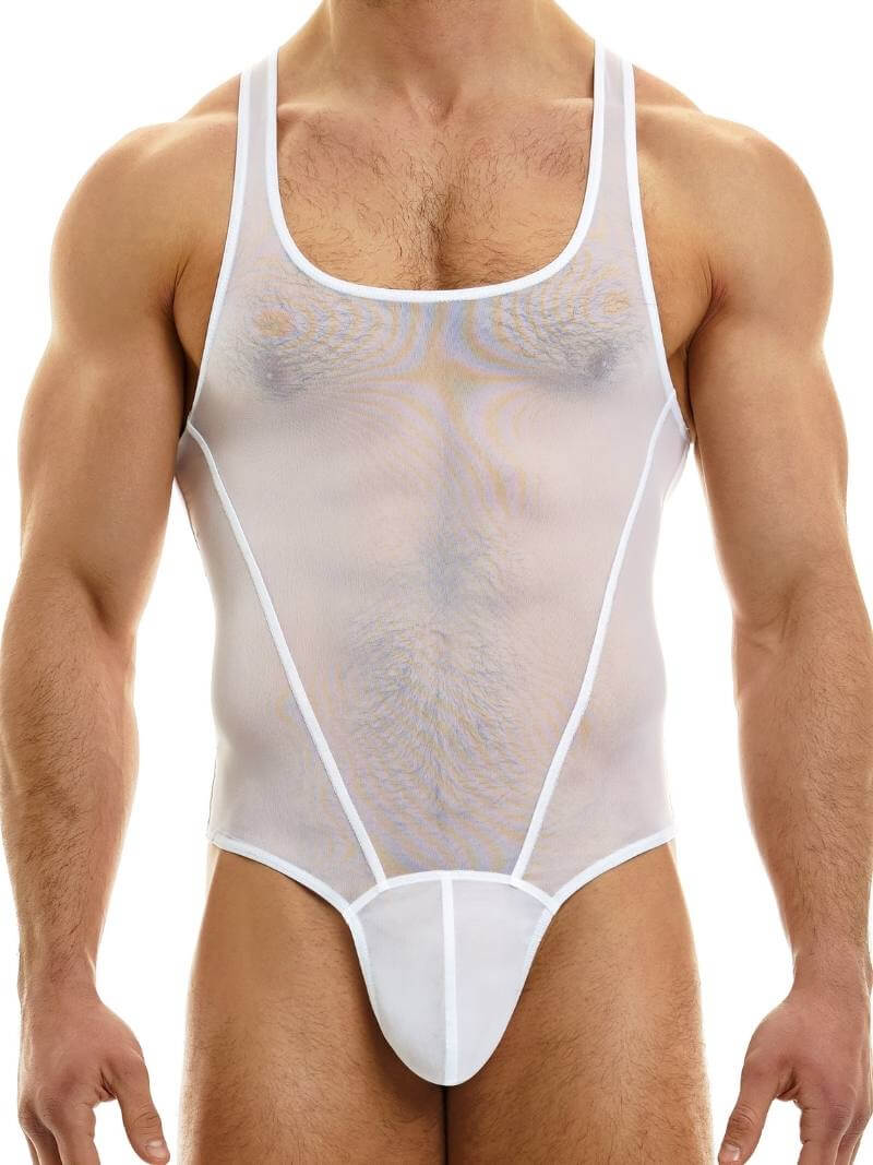 A male model wearing a black sheer muslin bodysuit with a thong rear and contoured pouch.