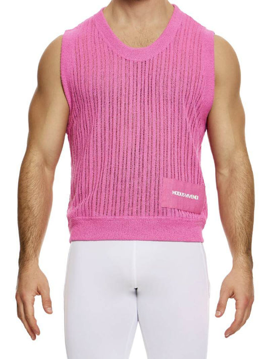 A male model wearing a light-colored, scoop neck, striped knit crochet tank top with a linen placket featuring the Modus Vivendi branding.