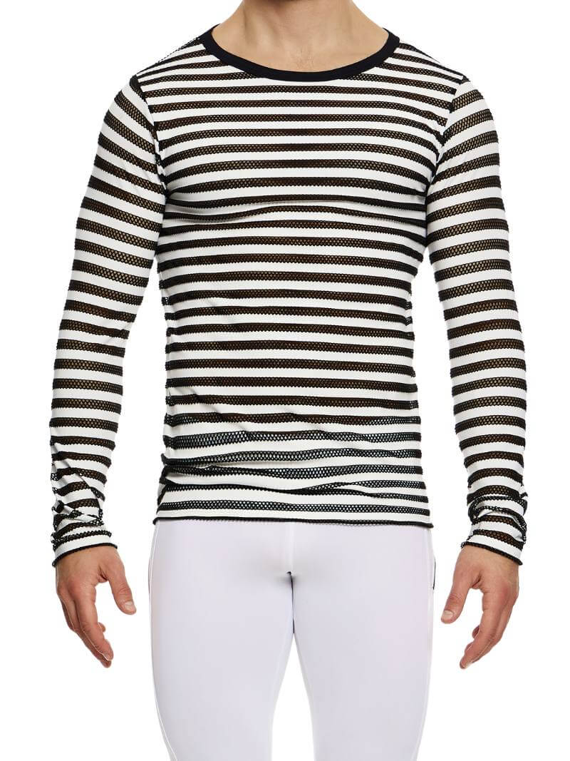 A long-sleeved top with black fishnet mesh and solid white stripes, round neck, and elastic trims on the sleeves.