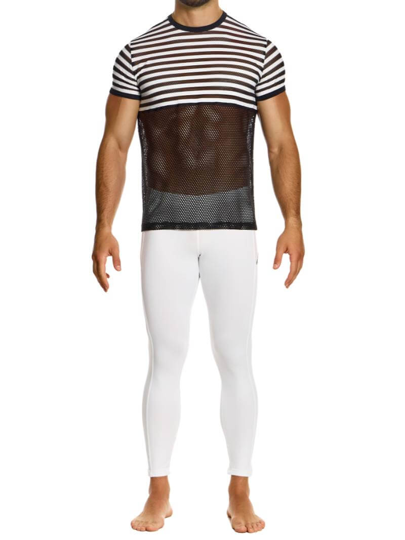 Mens MODUS VIVENDI Striped T-Shirt: See-Through Mesh
