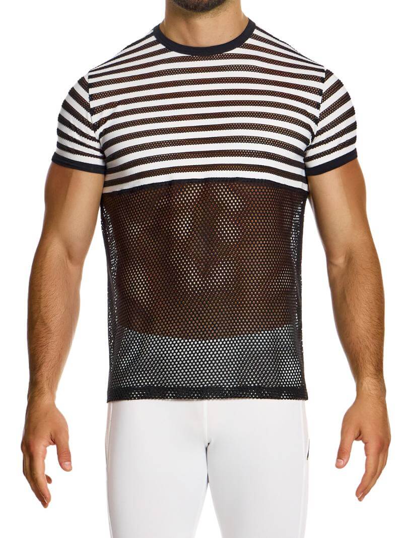 A male model wearing a Modus Vivendi striped t-shirt with a black fishnet body and a black and white striped panel in a see-through mesh design.