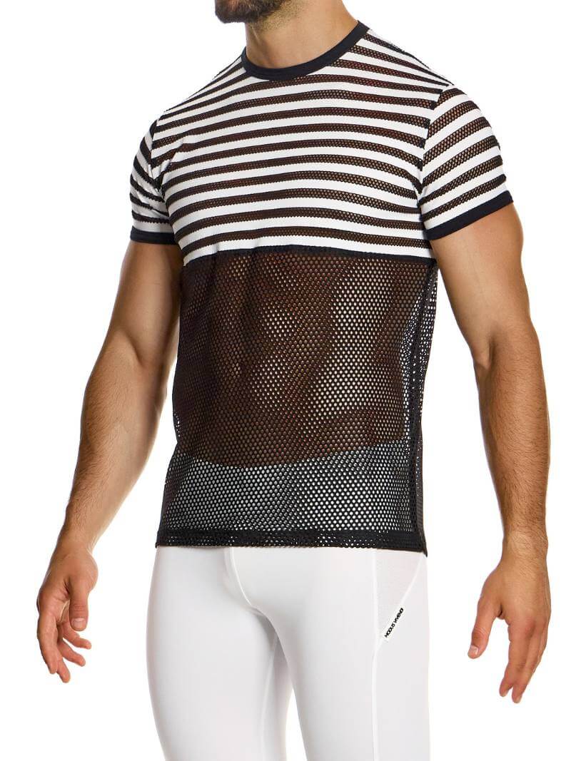 Mens MODUS VIVENDI Striped T-Shirt: See-Through Mesh